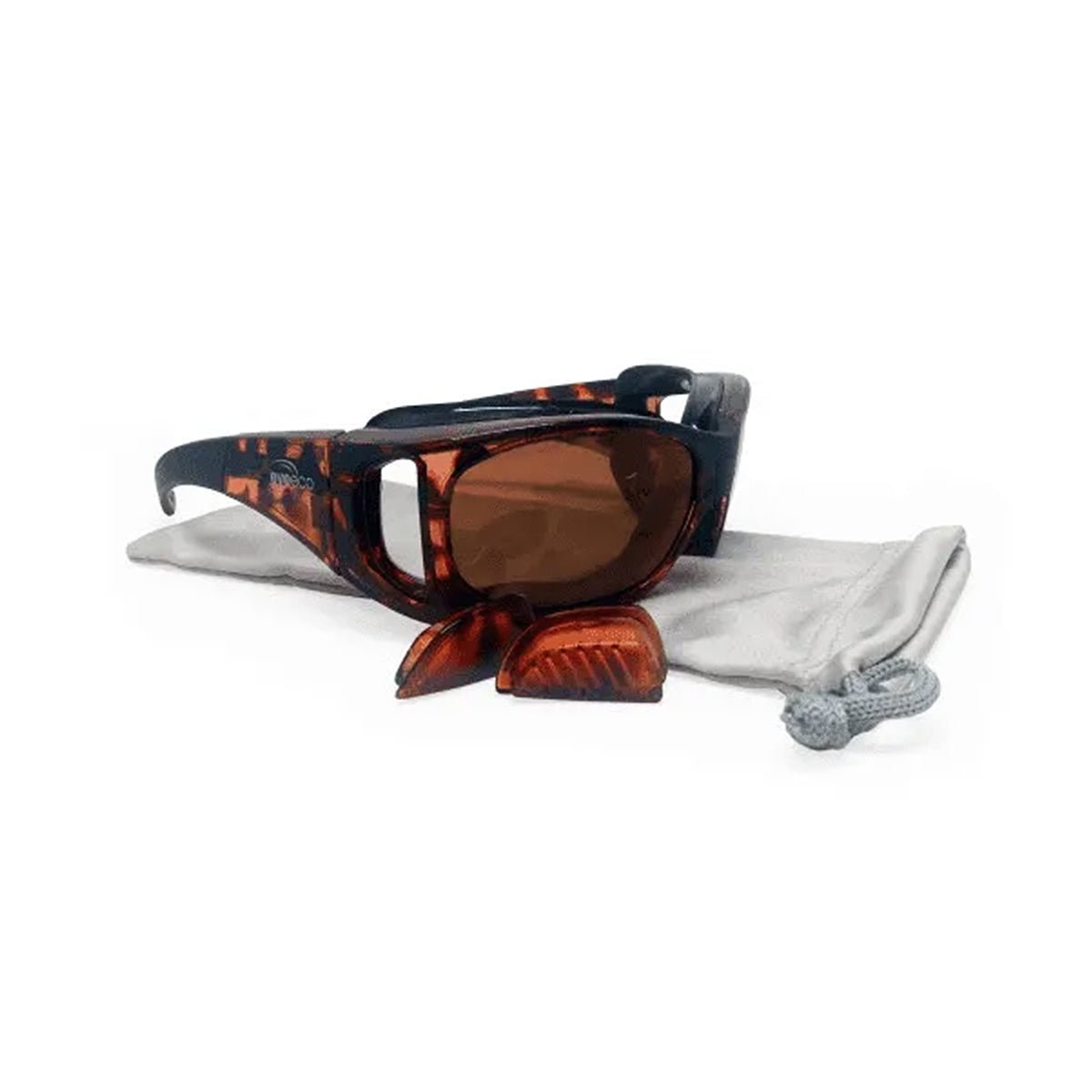 The EyeEco Small Moisture Release Eyewear by PRN features red tortoise frames with copper lenses, resting on a light gray microfiber bag. Two interchangeable anti-fog side shields accompany the sunglasses.