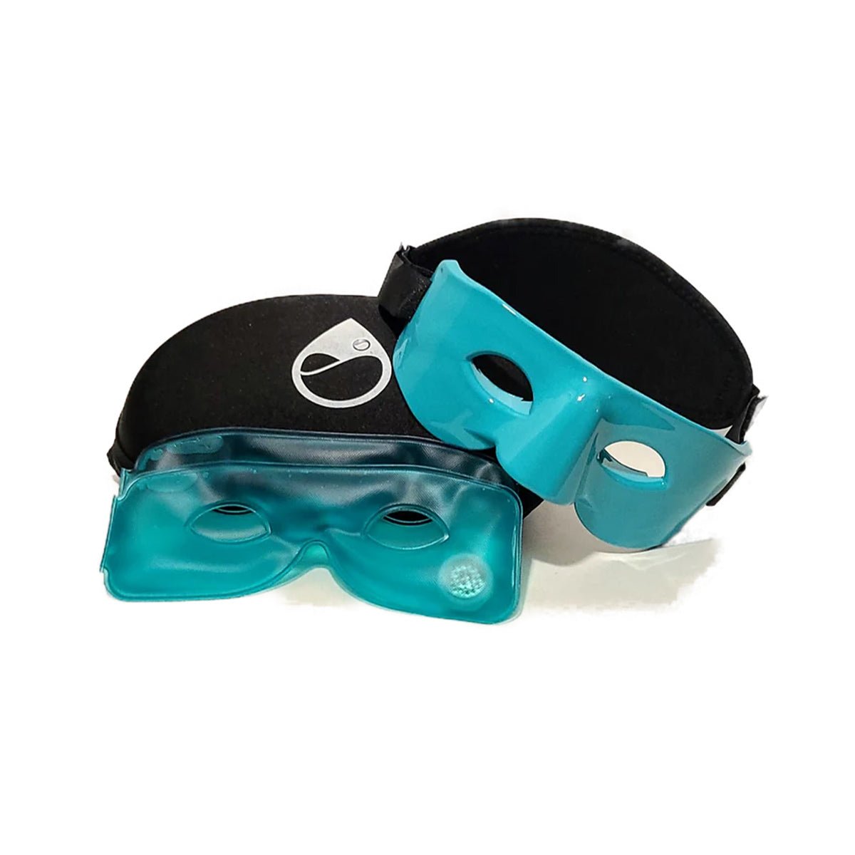 Two teal eye masks, TearRestore Basic: Mask, 2 Reusable Heat Packs by TearRestore, designed for dry eye relief and Meibomian Gland Dysfunction support, sit on black fabric. One is flat; the other stands. Both have elastic straps and openings for eyes.