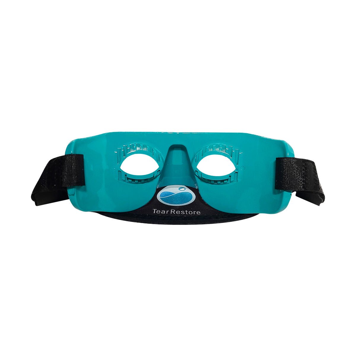 A teal thermal eye mask, part of the TearRestore Basic set with 2 reusable heat packs, has two round openings and a black adjustable strap. It features a water droplet image and TearRestore text, designed for dry eye relief and soothing Meibomian gland dysfunction.