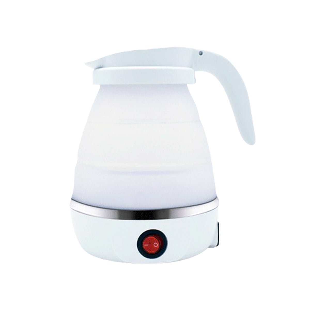 The TearRestore Reactivation Kettle features a collapsible white design with a red power switch on the base. Its flexible body, sturdy handle, and one-touch activation make it perfect for travel or compact storage.