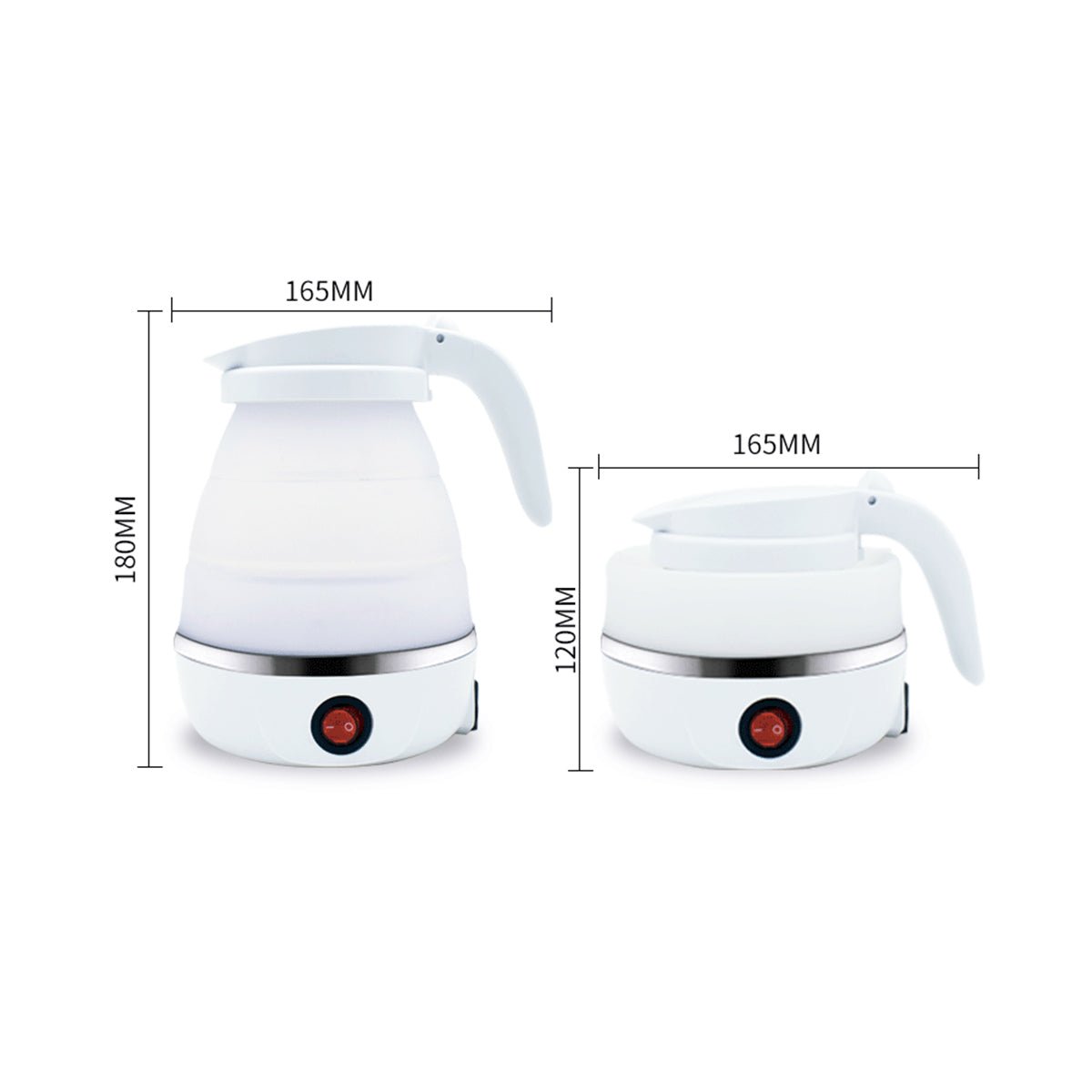 Two white TearRestore electric kettles with collapsible silicone bodies feature one-touch activation; one extends to 180mm, the other collapses to 120mm. Both have a red power indicator button on the base and a top handle.