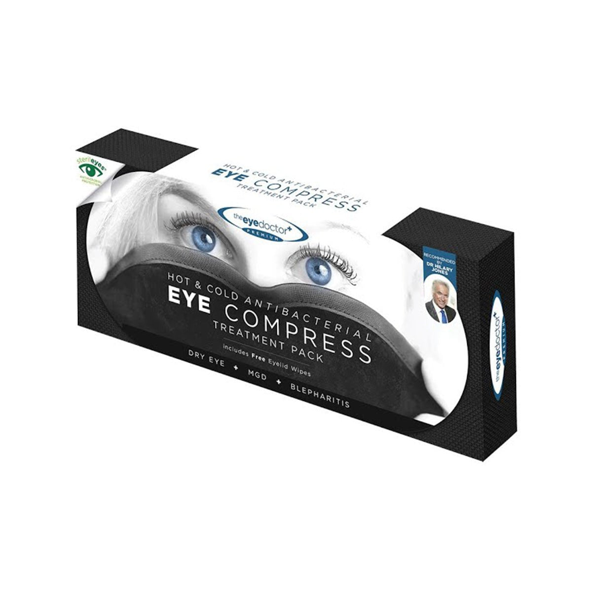 The Eye Doctor Featuring Sterileyes pack displays an image of eyes on top, highlighting its antibacterial protection. It provides details on use for dry eye disease, MGD, and blepharitis.