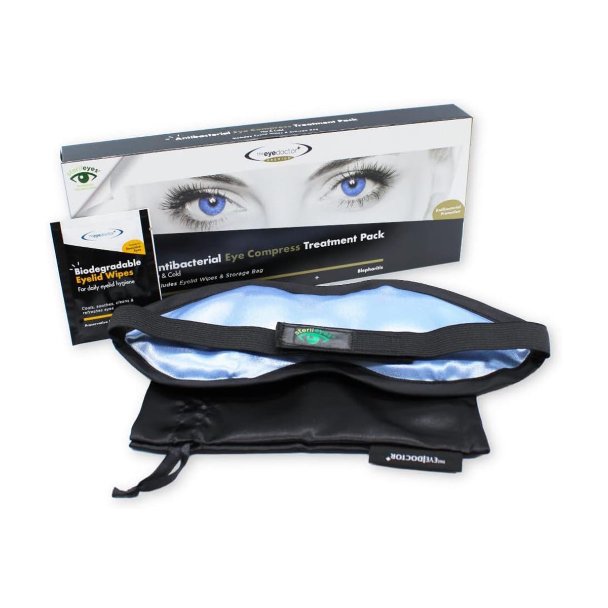 The Eye Doctor Antibacterial Hot Eye Compress, featuring Sterileyes, is perfect for dry eye, blepharitis, or MGD. It includes a blue and black compress mask with a removable cover and a convenient storage bag. The box highlights an antibacterial shield and biodegradable eyelid wipes with eye illustrations.