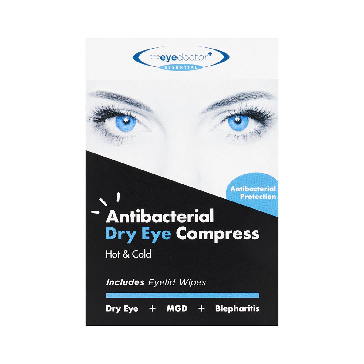 The Eye Doctor Essential Eye Compress features blue eyes and The Eye Doctor logo on its packaging. It offers Hot & Cold treatment for dry eye relief and includes eyelid wipes for MGD and blepharitis. The black-and-white design is elegantly accented in blue.