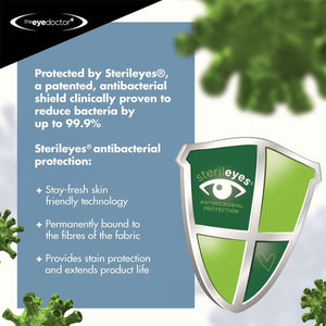 Advertisement for The Eye Doctor Essential Eye Compress with Sterileyes® antibacterial shield. Promotes up to 99.9% bacteria reduction, skin-friendly tech, permanent fiber bonding, and dry eye relief; featuring the Shield logo.