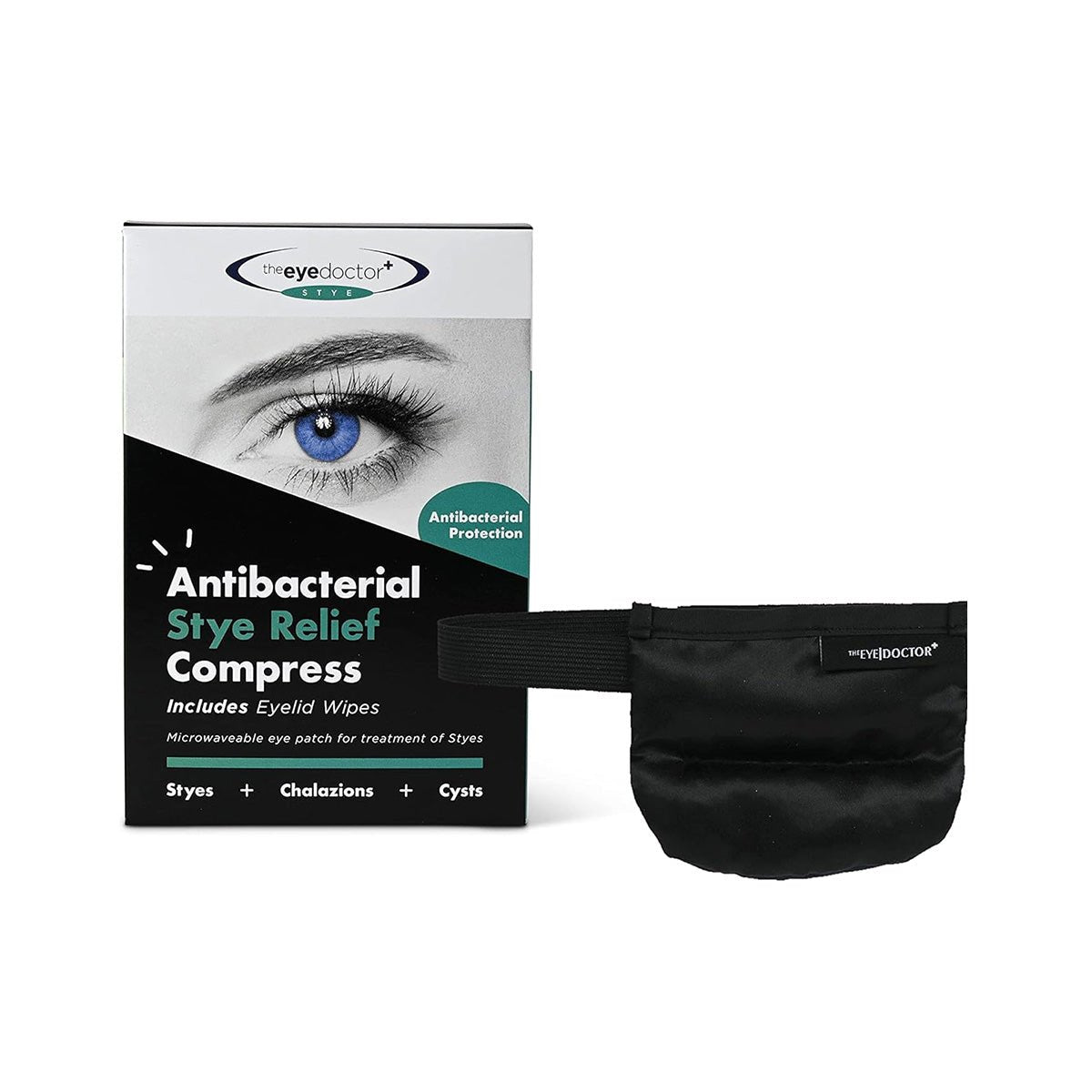 The Eye Doctor Stye Relief Compress box with eye image includes eyelid wipes and a black, reusable eyepatch featuring the eyedoctor logo. Designed for moist heat treatment of styes, chalazions, and cysts.