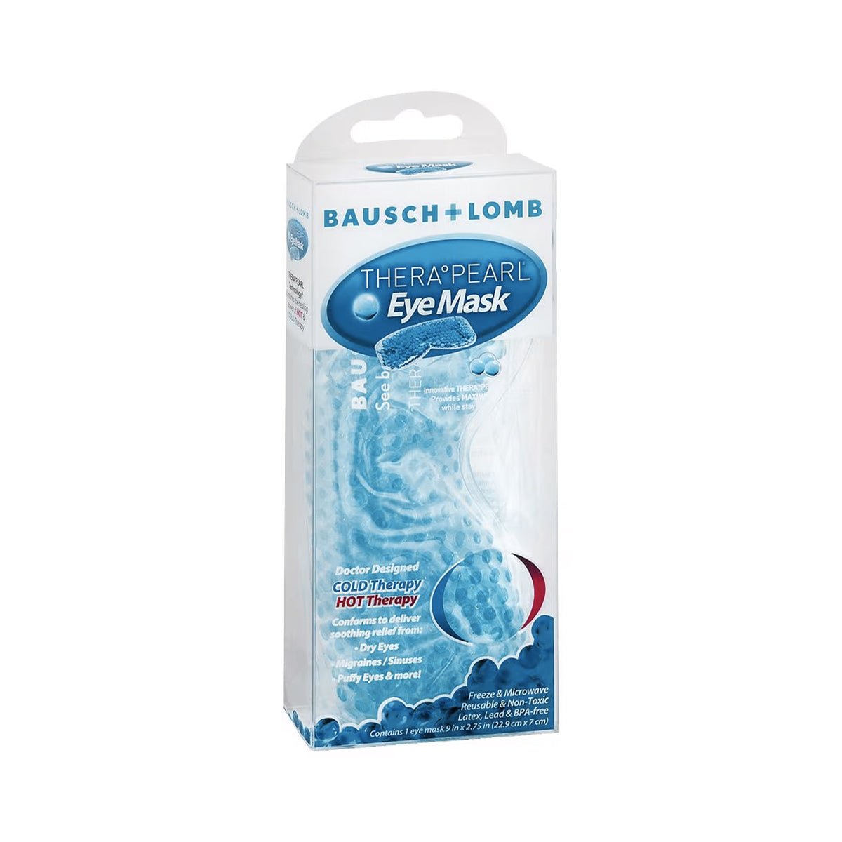 Bausch + Lombs TheraPearl Flexible Gel Beads offer hot and cold therapy with color-changing tech, packaged in blue with detailed info and an eye mask image prominently displayed.