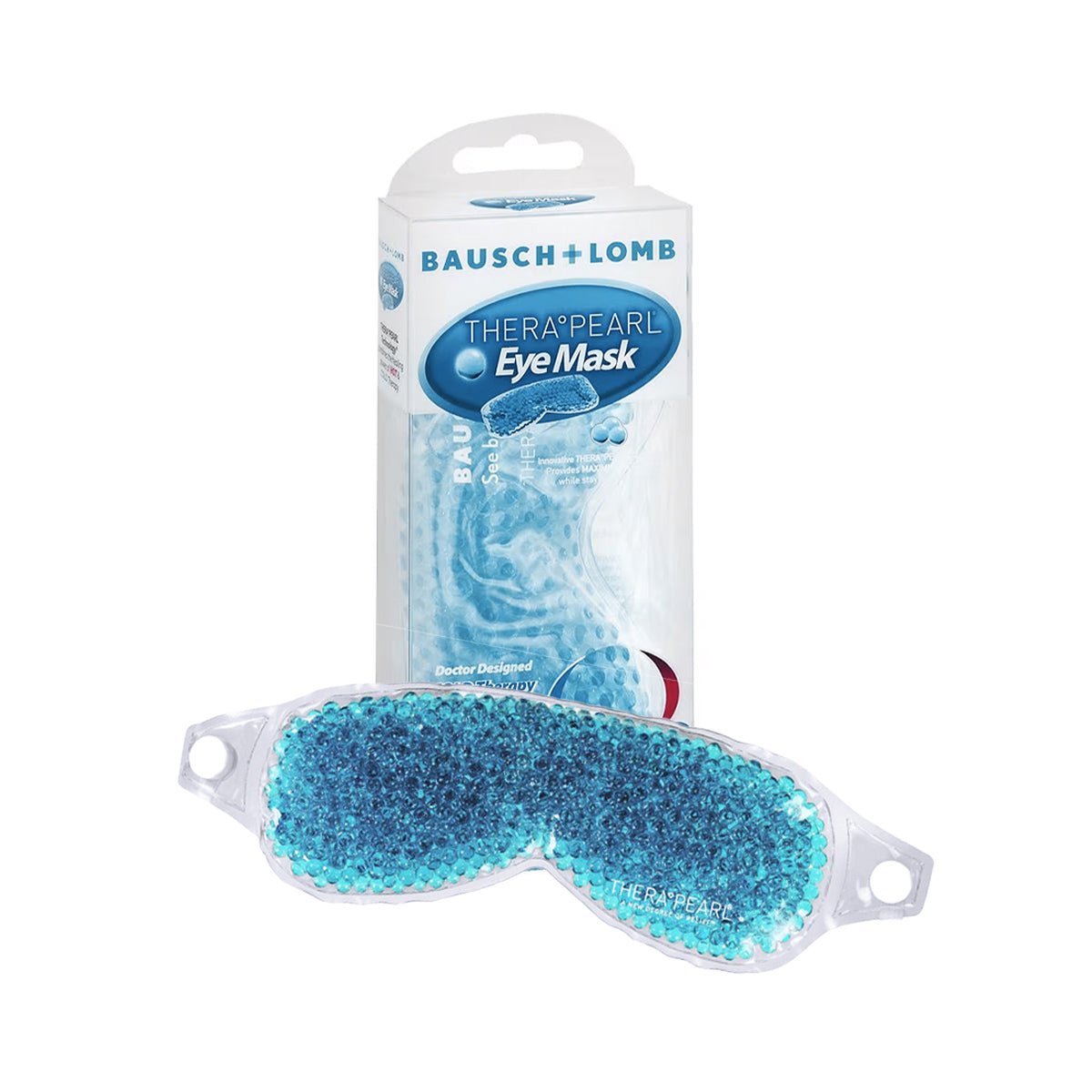 The TheraPearl Flexible Gel Beads by Bausch + Lomb, shown with its packaging, features an eye mask with blue gel beads and an adjustable strap. Its color-changing technology allows smooth transitions between hot and cold therapy, while the packaging showcases product details and branding.