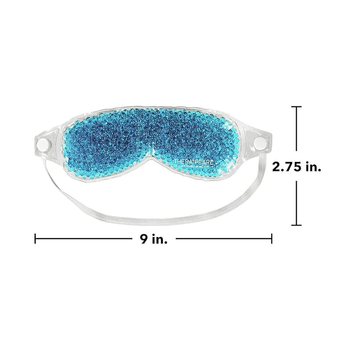 The TheraPearl Gel Beads Eye Mask by Bausch + Lomb, 9x2.75, features blue color-changing beads, a white elastic strap, hot/cold therapy for therapeutic use, and soothing transparent edges.