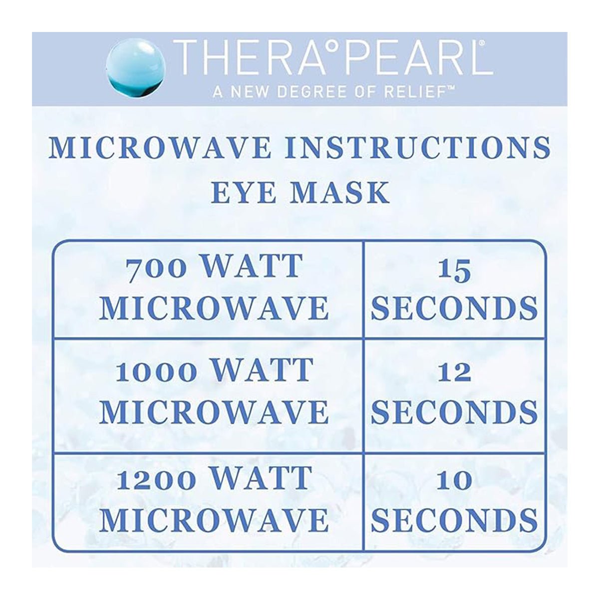 Heat your Bausch + Lomb TheraPearl Flexible Gel Beads for Hot and Cold Therapy, featuring color-changing technology, for 15 seconds in a 700-watt microwave, 12 seconds at 1000 watts, or 10 seconds at 1200 watts.