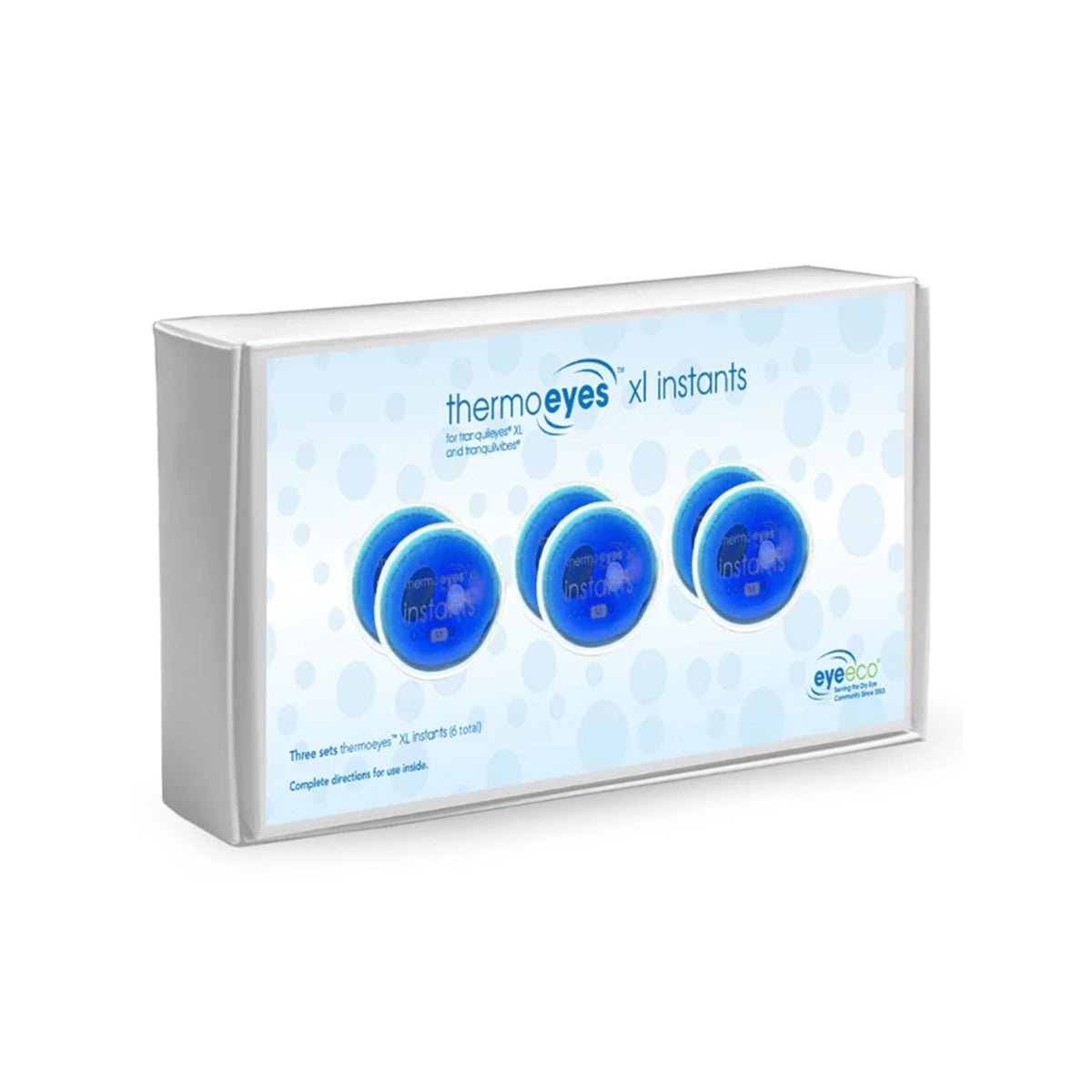 A white box with 3 blue padded gel packs labeled Tranquileyes thermoeyes XL Instant-replacement kit by PRN for moist heat and cold eyelid therapy, featuring a blue polka dot background. Compatible with Tranquileyes XL goggles, it includes fabric pockets for the gel packs.