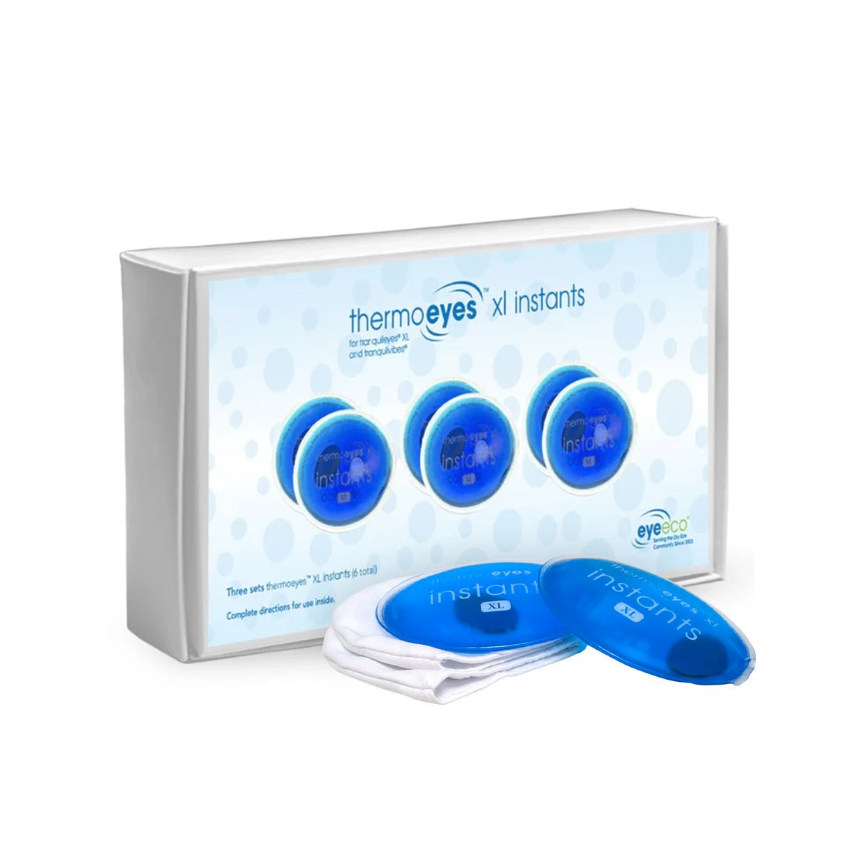 A box of the Tranquileyes thermoeyes XL Instant-replacement kit, by PRN - Physician Recommended Nutriceuticals, includes reusable blue eye pads with Tranquileyes XL goggle accessories. The package features a light blue circular pattern and contains heat gel packs for extra relaxation.