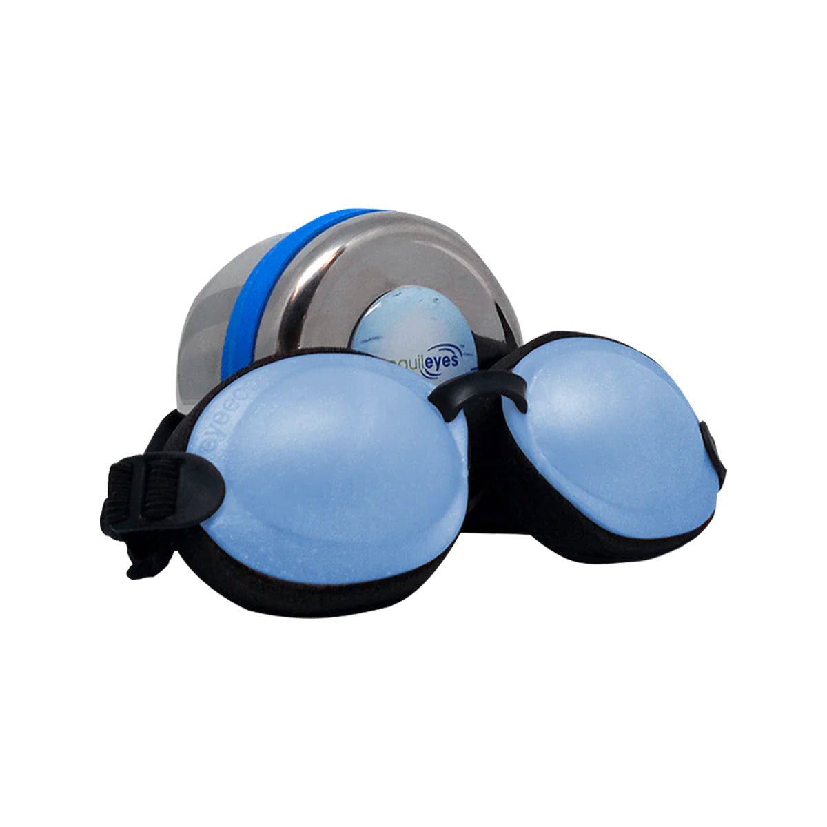 A pair of blue and black swim goggles, featuring opaque lenses and adjustable black straps for a perfect fit, rest against a metallic silver swim cap with a blue stripe, reminiscent of tranquility achieved through the Eyeeco Tranquileyes Mini by PRN - Physician Recommended Nutriceuticals.