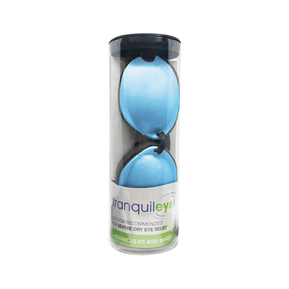 A cylindrical package showcases tranquileyes with two blue eye mask cups stacked vertically, offering advanced moist-heat therapy. The label states Doctor recommended for severe dry eye relief, promoting the EyeEco Tranquileyes XL with Beads by PRN for enhanced comfort.