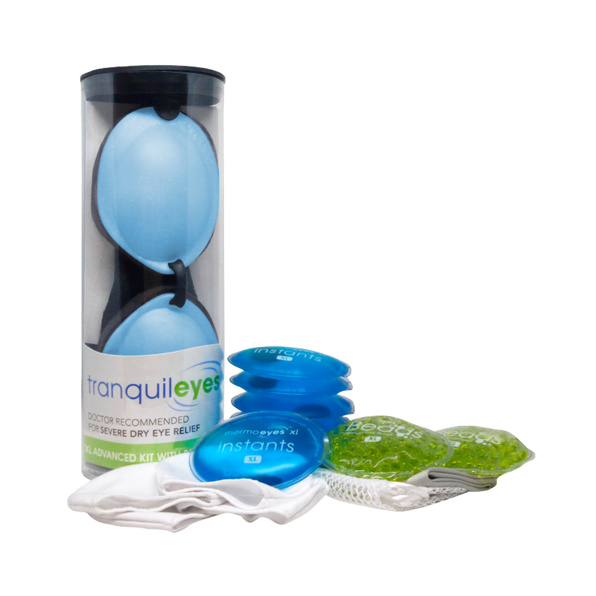 The PRN EyeEco Tranquileyes XL kit, featuring a blue and clear tube with eye masks, green gel packs, and instant heat packs, provides advanced moist-heat and cold therapy for severe dry eye relief.