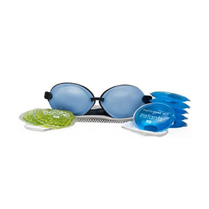 PRNs EyeEco Tranquileyes XL offers advanced moist-heat and cold therapy for severe dry eye and MGD. The blue gel masks with adjustable straps, paired with circular gel packs, feature small blue and green pads on a white background for soothing relief.