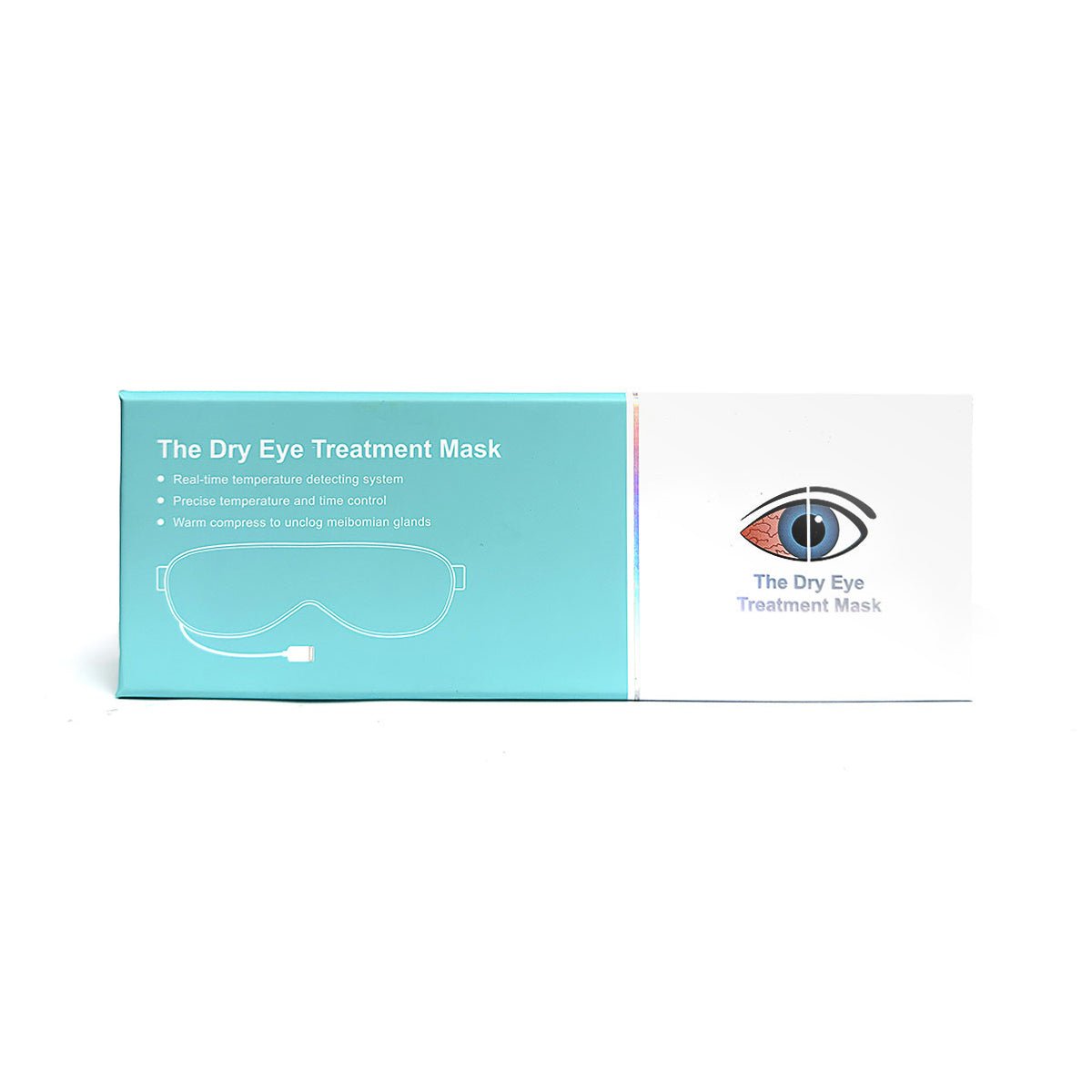 A turquoise and white box contains a USB Electric Eye Heat Mask by Dry Eye Treatment Mask, ideal for easing Dry Eye Syndrome. It features an eye and mask illustration and text emphasizing temperature control and warm compress benefits for effective relief.