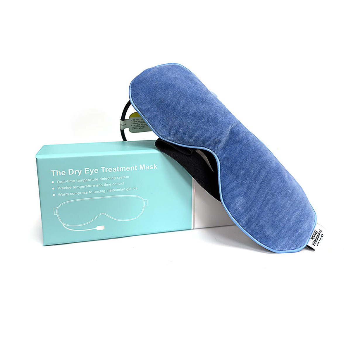 The blue USB Electric Eye Heat Mask, featuring an adjustable strap, is displayed on light teal packaging. The white text reads Dry Eye Treatment Mask, emphasizing relief for Dry Eye Syndrome. This mask is ideal for those seeking respite from blepharitis and similar conditions.