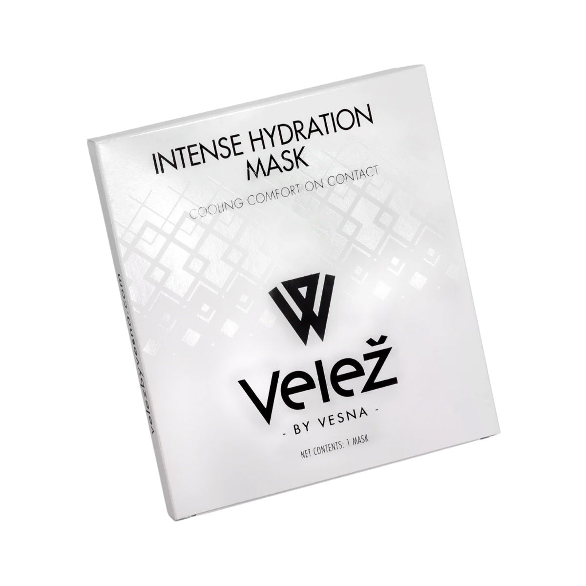 The Velez Intense Hydration Cellulose Face Mask box is square with a white and silver geometric design. Featuring text reading Intense Hydration Mask and Velež by Vesna, it highlights hydration and comfort with its innovative Biotech Cellulose Mask for improved skin regeneration.