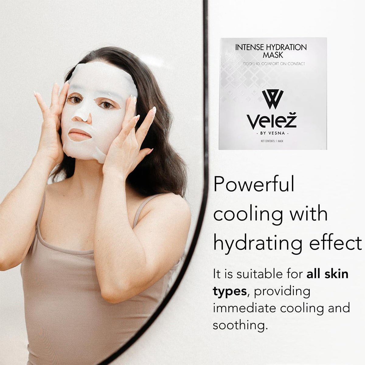 In front of a mirror, someone applies the Velez Intense Hydration Cellulose Face Mask. Text emphasizes its cooling, hydrating effects, promoting skin regeneration for all skin types.