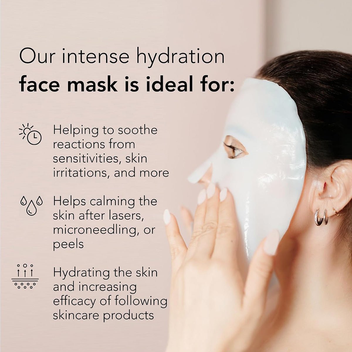 A woman applies a blue Velez Intense Hydration Cellulose Face Mask while looking in the mirror. The text beside her lists benefits: soothing skin reactions, boosting hydration for better skincare, and aiding skin regeneration. Icons illustrate each benefit.