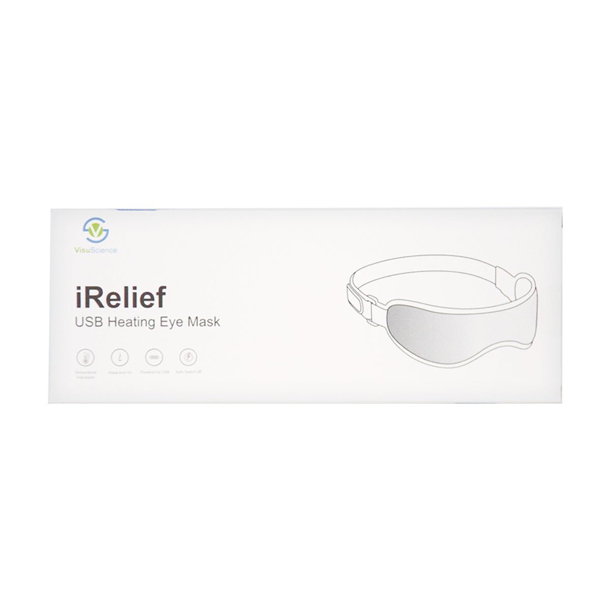 The I-Relief USB Eye Heat Mask by VisuScience features sleek, modern packaging with a simple line illustration on a white box. With prominently displayed branding and product details, this smart mask promises to effortlessly soothe eye fatigue using its removable insert for adjustable comfort.