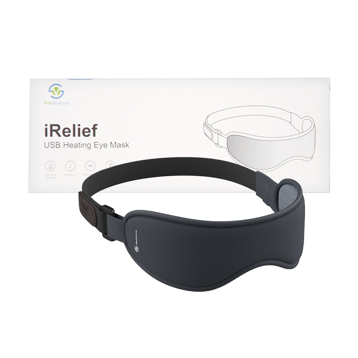 The Black I-Relief USB Eye Heat Mask by VisuScience is shown in front of its box, which features an illustration of the mask and iRelief USB Heating Eye Mask text, providing soothing comfort for eye fatigue with a removable insert.