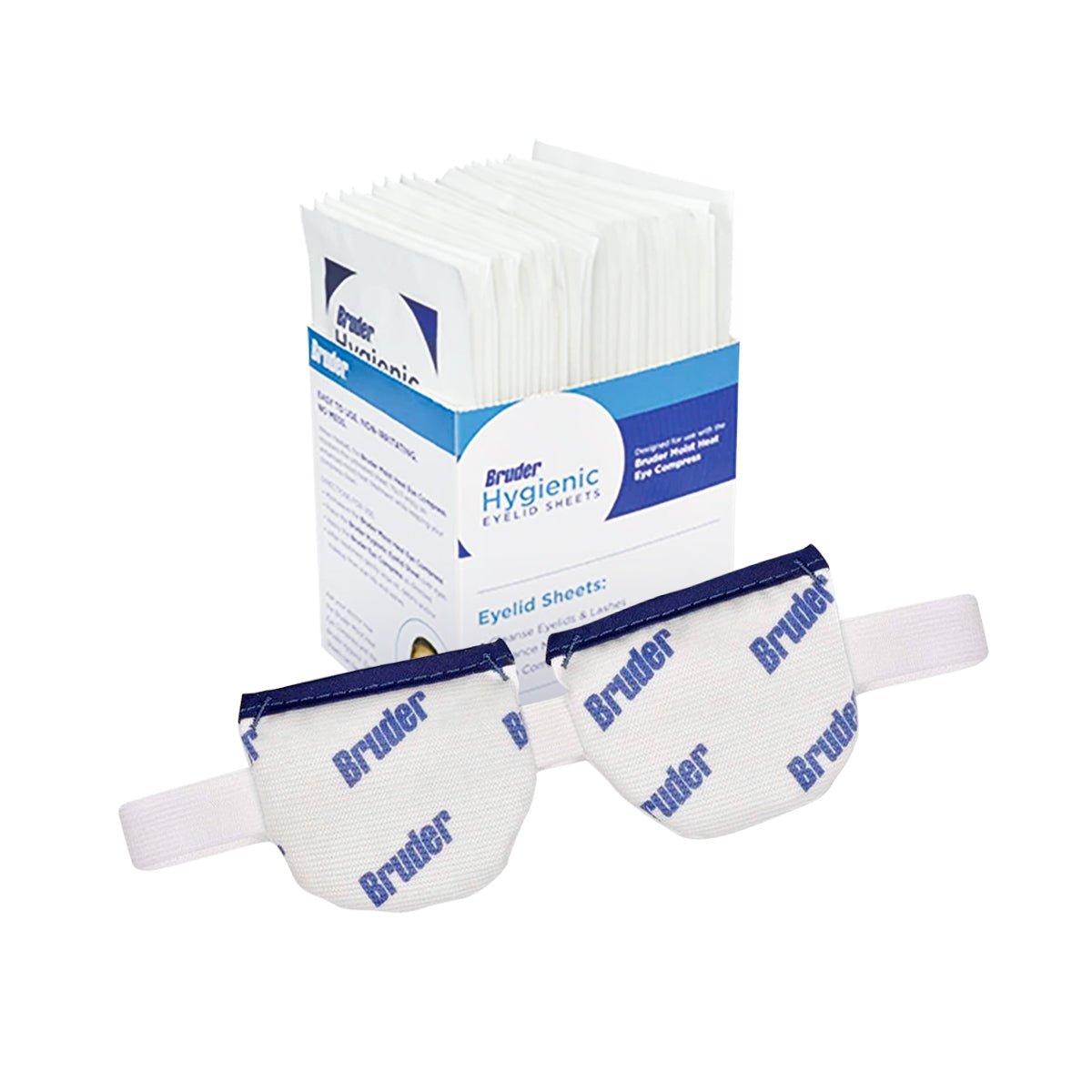 A photo showcases the Bruder Eye Mask & Eyelid Sheets, emphasizing relief for blepharitis and meibomian gland dysfunction. The mask, featuring elastic straps, is labeled Bruder, while an open box reveals convenient eyelid sheets in the background.