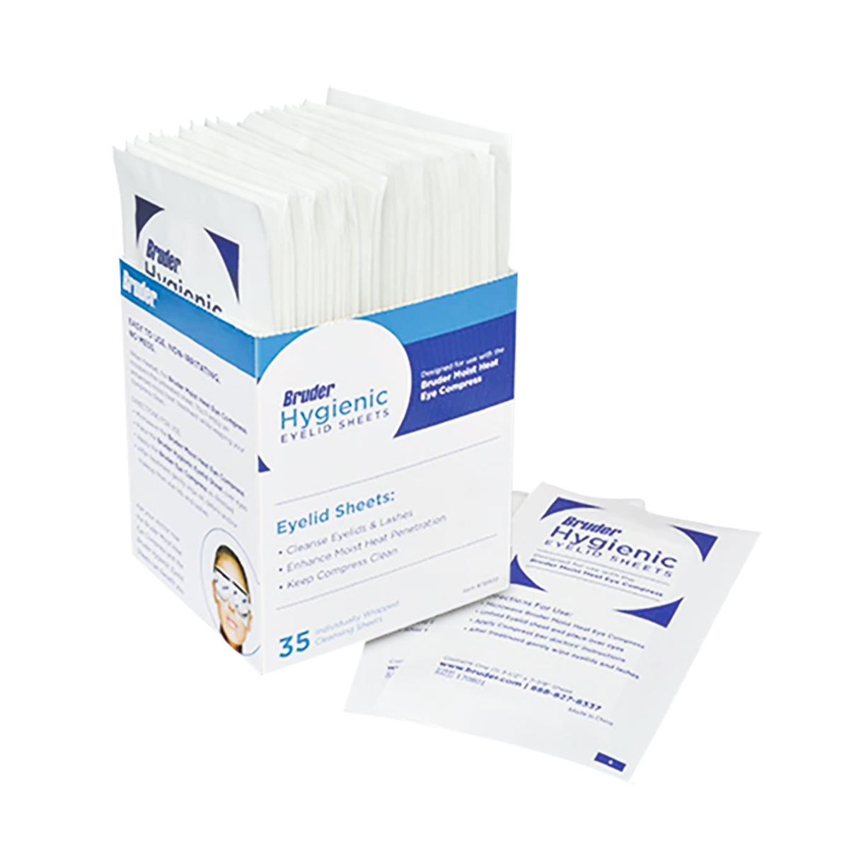 A box of Bruder Hygienic Eyelid Sheets, with 35 non-allergenic sheets, is open beside a sheet. The packaging highlights its benefits for cleaning and protecting eyes while maintaining hygiene. Ideal for use with Bruder Mask moist heat compress to ensure maximum comfort.