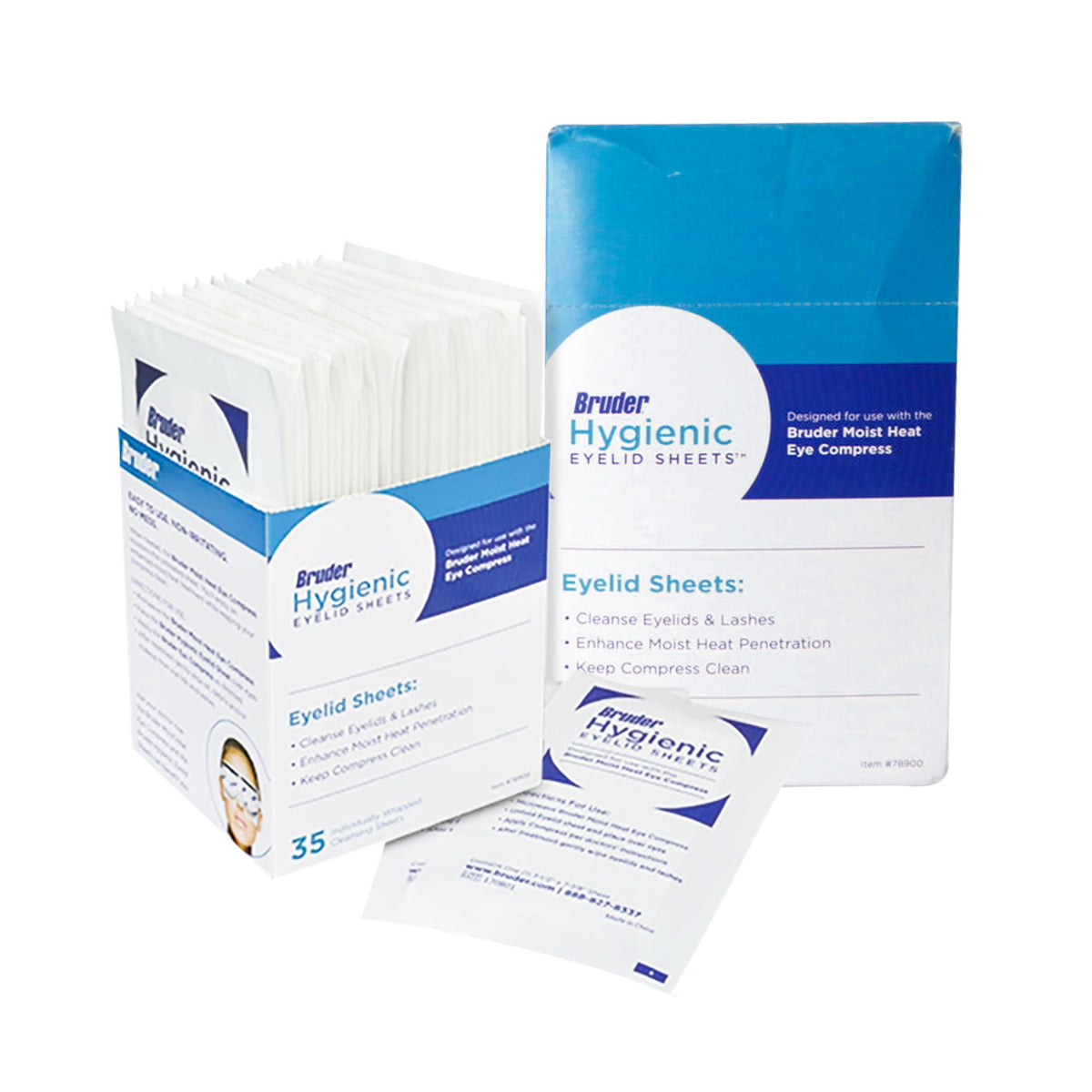 The Bruder Hygienic Eyelid Sheets 35 Count Box, used with the Bruder Mask, contains 35 non-allergenic sheets for eyelid hygiene. They enhance moist heat penetration and keep compresses clean, all packaged in a white and blue box.