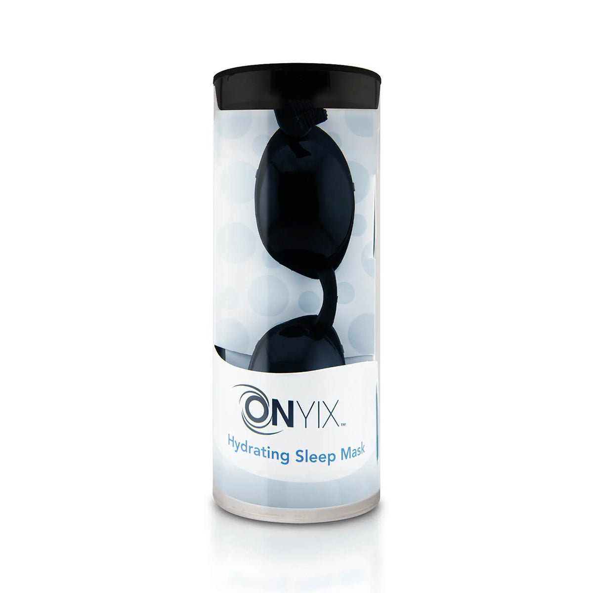 The cylindrical packaging holds a black hydrating sleep mask, EyeEco Onyix Hydrating Nighttime Sleep Mask for Eye Relief by PRN, featuring a light blue and white label. CPAP-compatible, the mask is partly visible through the packaging.