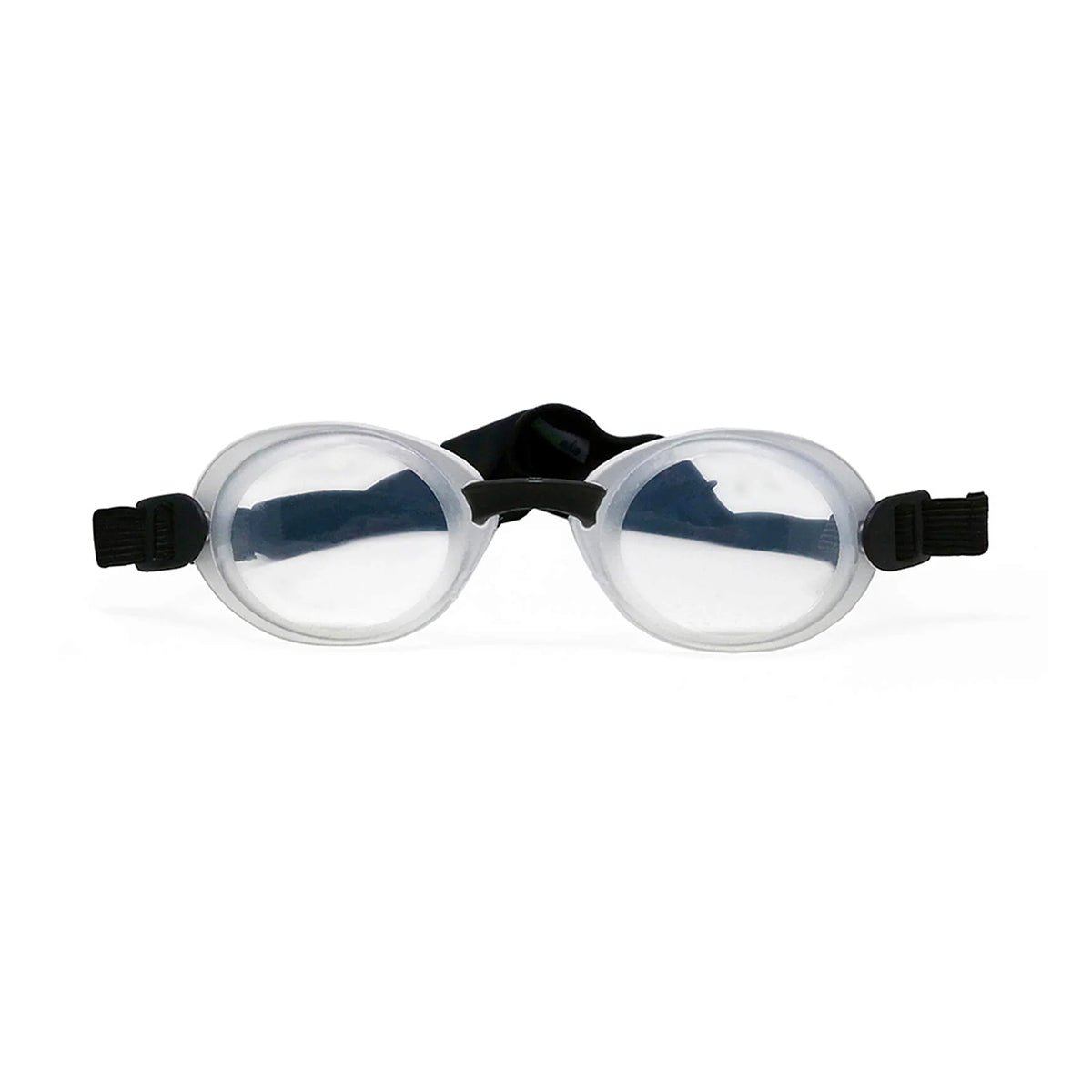 The EyeEco Quartz Hydrating Sleep Mask by PRN, in clear, features black adjustable straps and silicone shields for optimal dry eye protection, shown upright on a white background.