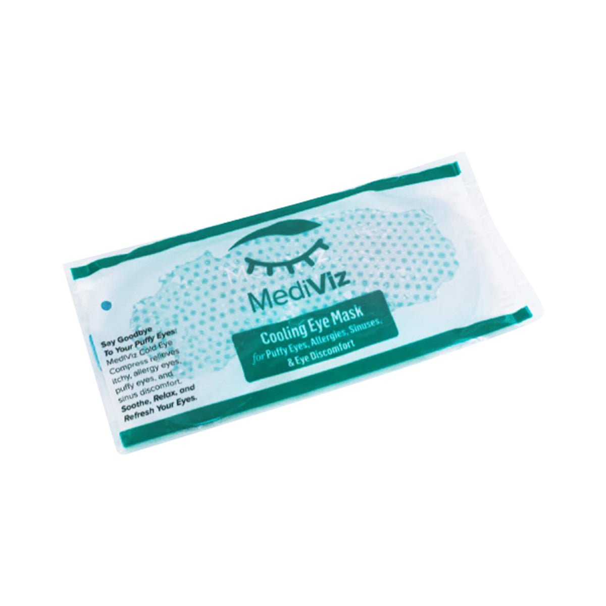 The PRN MediViz Cooling Eye Mask features a blue abstract design on its rectangular cold mask packaging, highlighting benefits for puffy eyes, allergies, sinuses, dark circles, and eye discomfort.