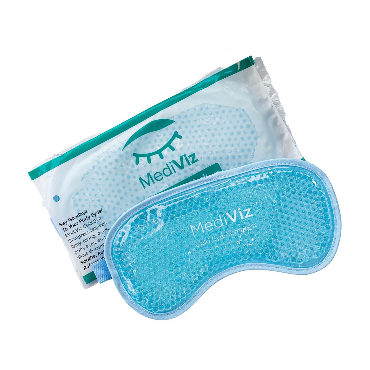 A blue MediViz Cooling Eye Mask by PRN, filled with gel beads and featuring an eyelash logo on its box, is shown beside its packaging. The box explains how the mask helps alleviate dry, puffy eyes and reduces dark circles while addressing allergies, sinuses, and itchy eyes.