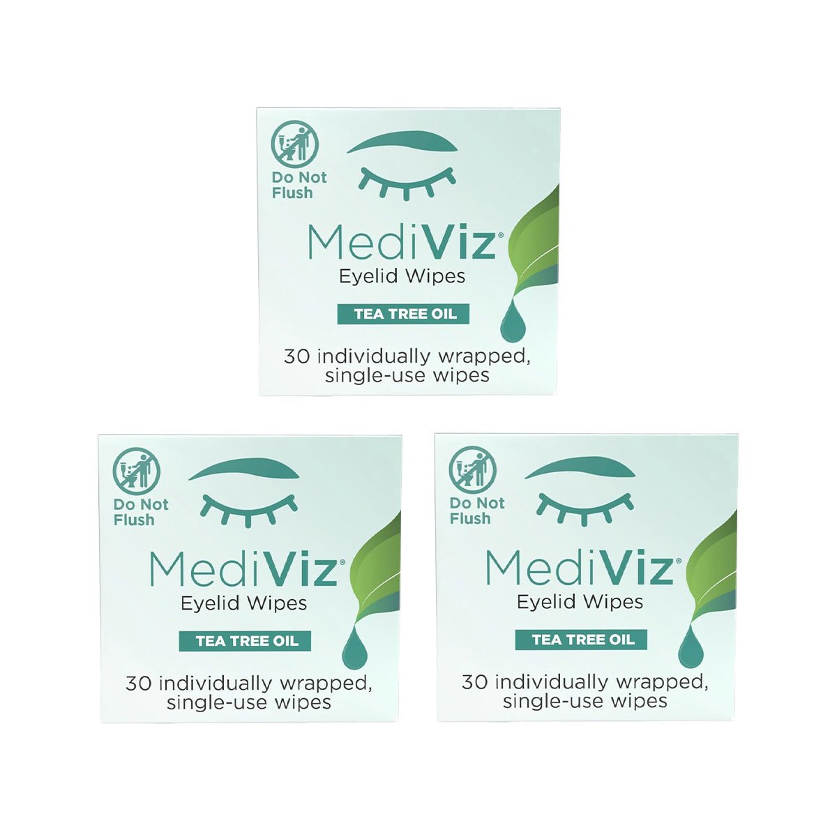 Three boxes of PRN MediViz Tea Tree Eyelid Wipes, each with 30 single-use wipes, are displayed for Demodex Eyelash Mite care. The packaging warns Do Not Flush and features a stylized closed eye with a green leaf.