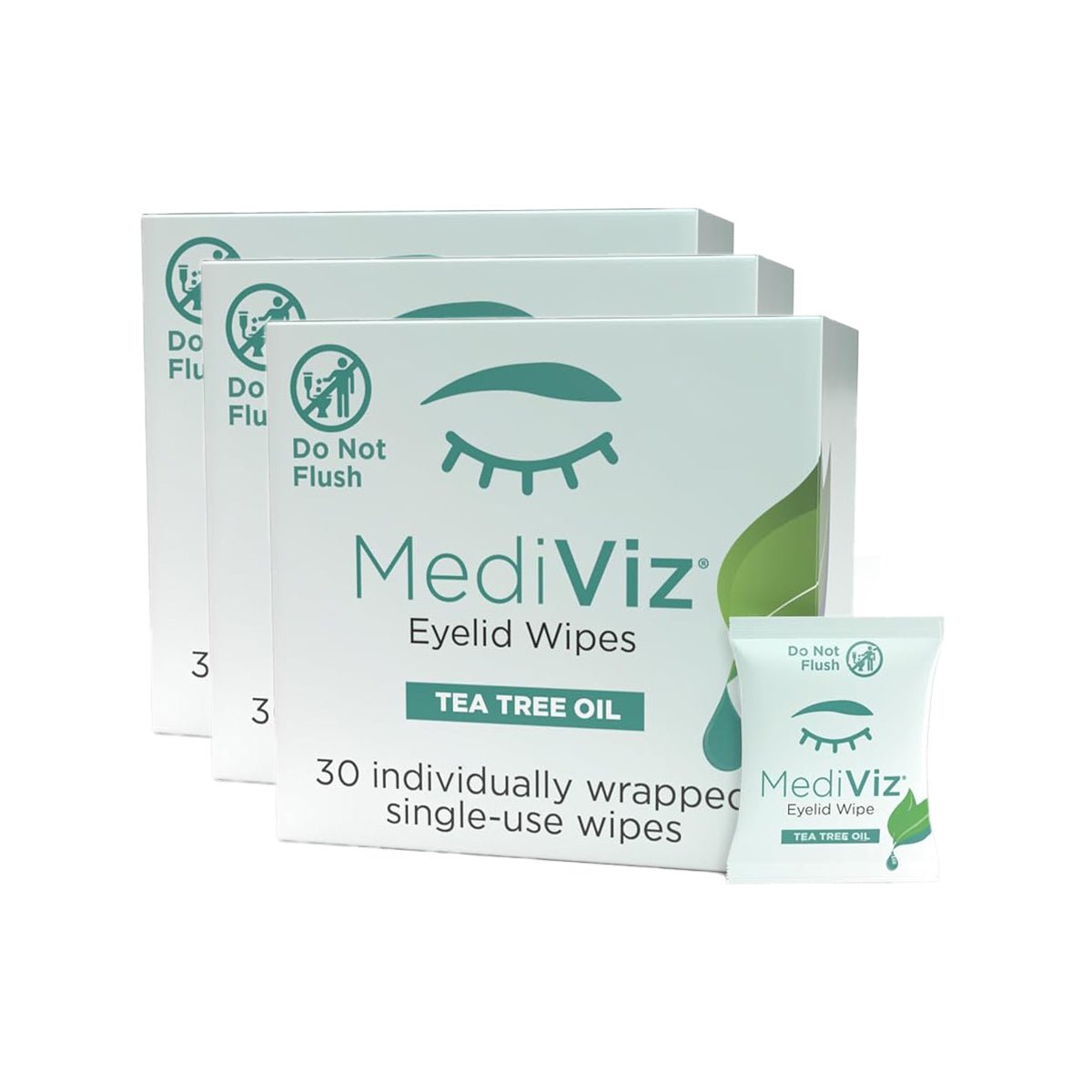 Three boxes of PRNs MediViz Tea Tree Eyelid Wipes (3 x 30 wipes), each with 30 individually wrapped, single-use wipes featuring a Do Not Flush symbol, are displayed. A single packet is positioned in front of the boxes.