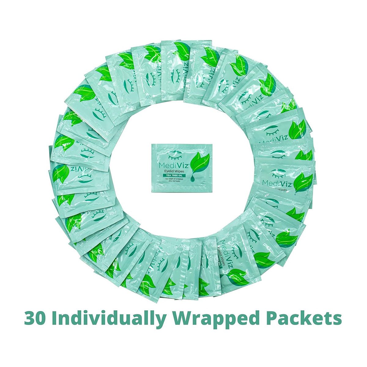 A circular arrangement of PRNs MediViz Tea Tree Eyelid Wipes 3-Pack, each with green leaf designs, features one packet centered and others forming a ring. Text below reads 30 Individually Wrapped Packets – perfect for tackling Demodex Eyelash Mites and Clogged Meibomian Glands.