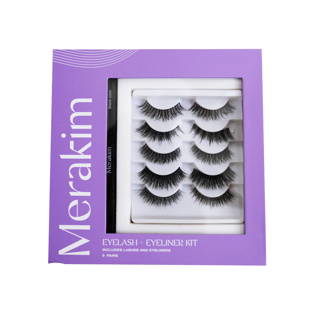 The Merakim Eyes on Beauty Lashes kit in purple packaging includes Magnetic Eyeliner and five pairs of Faux Mink Lashes, with Merakim written in white text on the left and product details below, promising a dazzling eye look.