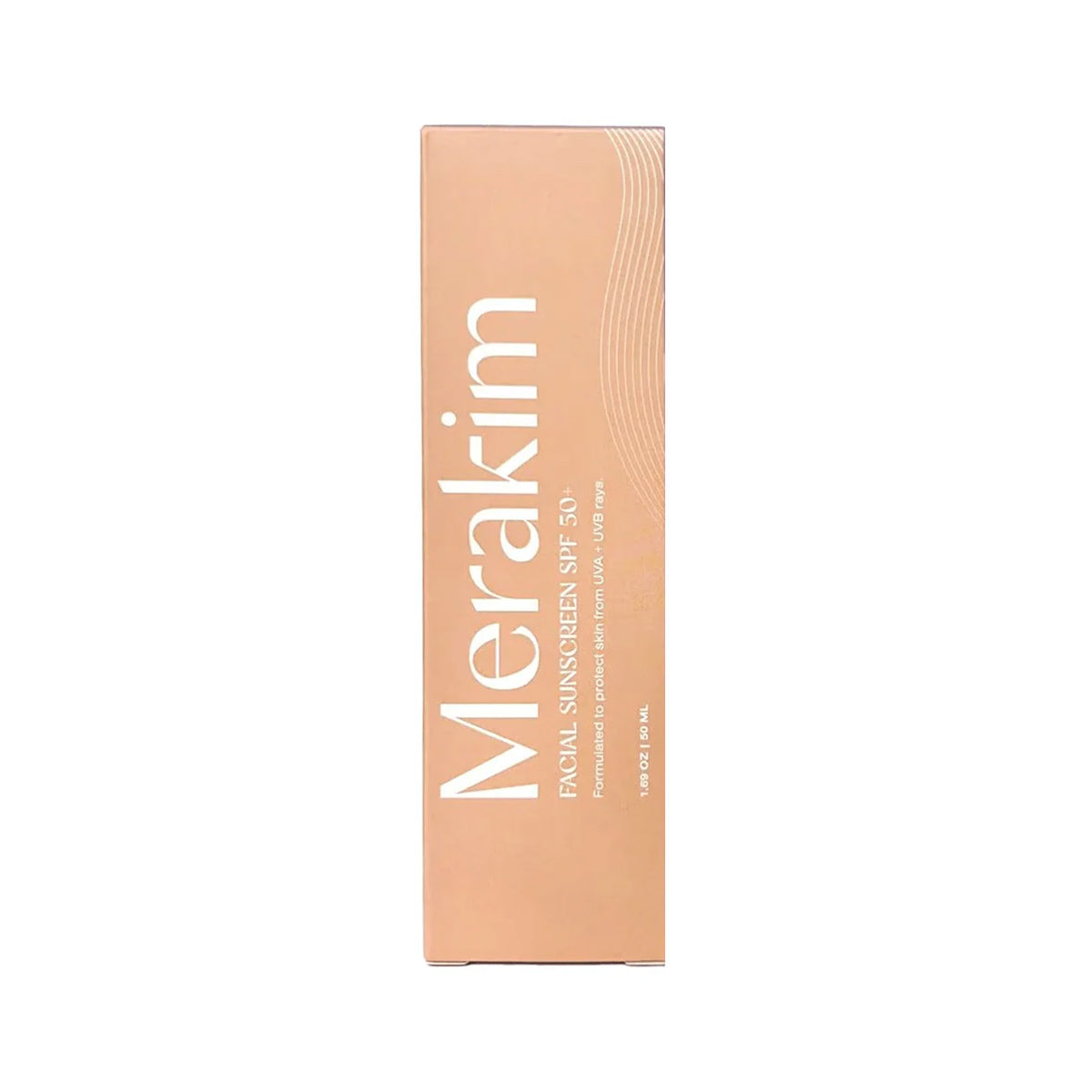 A peach box with white text says Merakim Facial Sunscreen SPF 50+. Designed for sensitive skin with a wavy line on the side, it contains zinc oxide for UVA/UVB protection. The bottom shows 1.7 FL OZ (50mL).