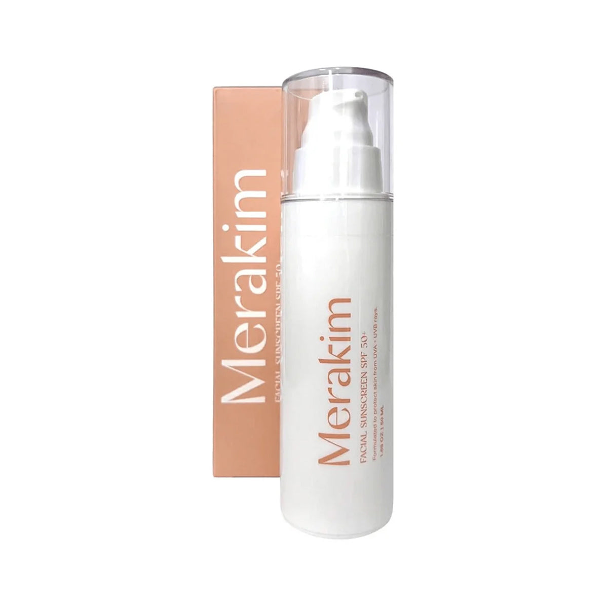 The Merakim Facial Sunscreen SPF 50 (50mL) is in a white bottle with a pump dispenser and transparent cap, designed for sensitive skin. It provides broad-spectrum UVA/UVB protection with zinc oxide and PA+++, and comes with a matching light peach box.