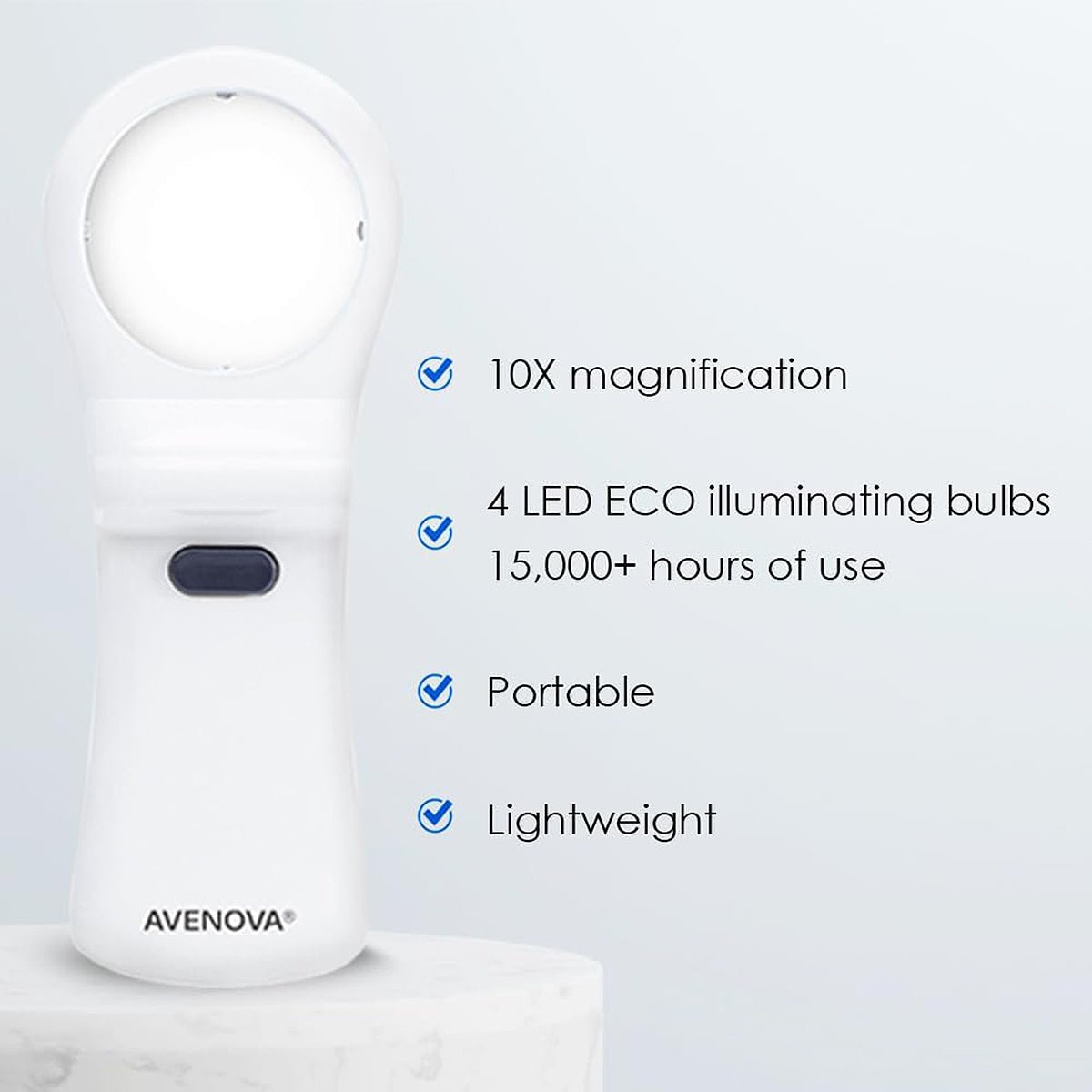 Discover details with i-Cheks handheld magnifying mirror. Ideal for eye health fans, it offers 10X magnification and features 4 LED ECO bulbs lasting over 15,000 hours. This portable, lightweight tool ensures clear vision in all your explorations.