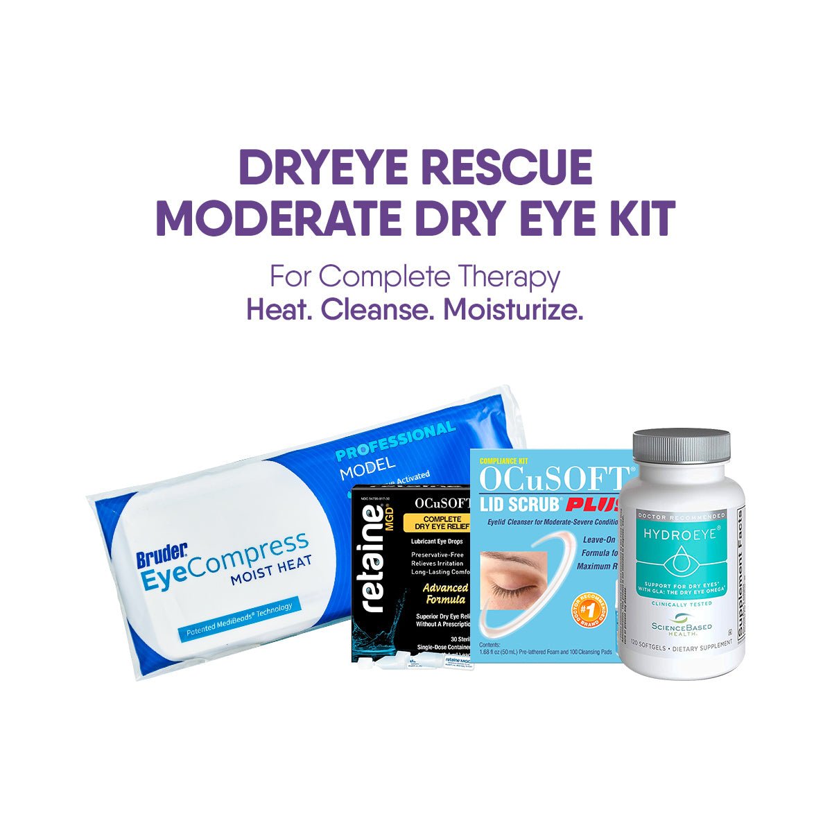Image of DryEye Rescue Moderate Dry Eye Bundle featuring a Moist Heat Mask, Retaine drops, Ocusoft Wipes, and an Omega-3 Supplement. Text reads: For Complete Therapy: Heat. Cleanse. Moisturize. Brand: DryEye Rescue.