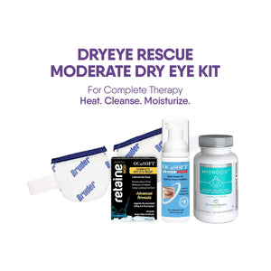Image of the DryEye Rescue Moderate Dry Eye Bundle by DryEye Rescue. Includes Bruder moist heat mask, Retaine eye drops, Ocusoft lid scrub foam, and HydroEye Omega-3 capsules. Text reads: Dry Eye Rescue Moderate Dry Eye Kit. Heat. Cleanse. Moisturize.