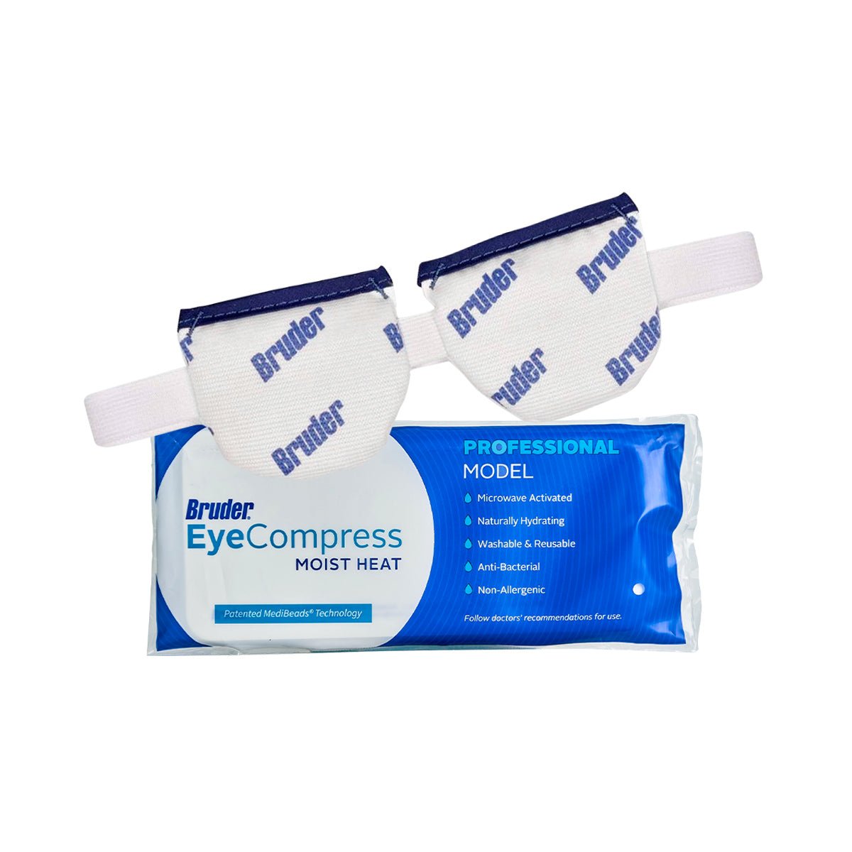 Image of the DryEye Rescue Moderate Dry Eye Bundle, showcasing the Professional Model Bruder Eye Compress set. The set includes two white pouches with blue straps and branding in a blue and white package, designed as a moist heat mask for therapeutic relief.