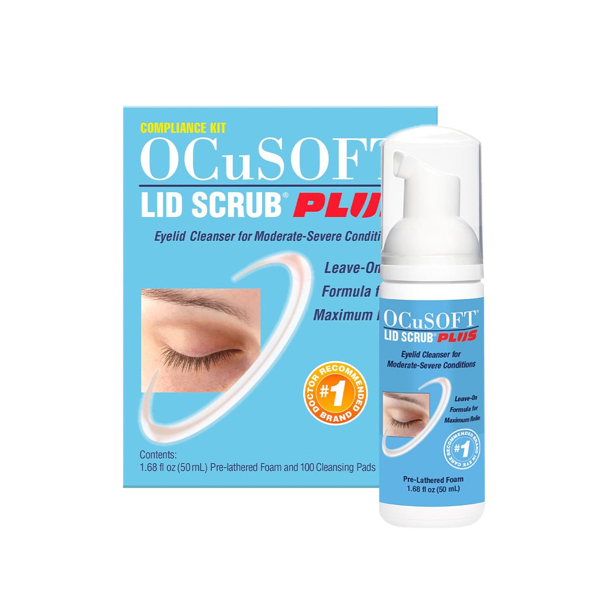 Image of the DryEye Rescue Moderate Dry Eye Bundle. The packaging features an eyelid image and contains a 1.68 oz pre-lathered foam bottle, 100 cleansing pads, and lid wipes for cleansing moderate to severe eyelid conditions.