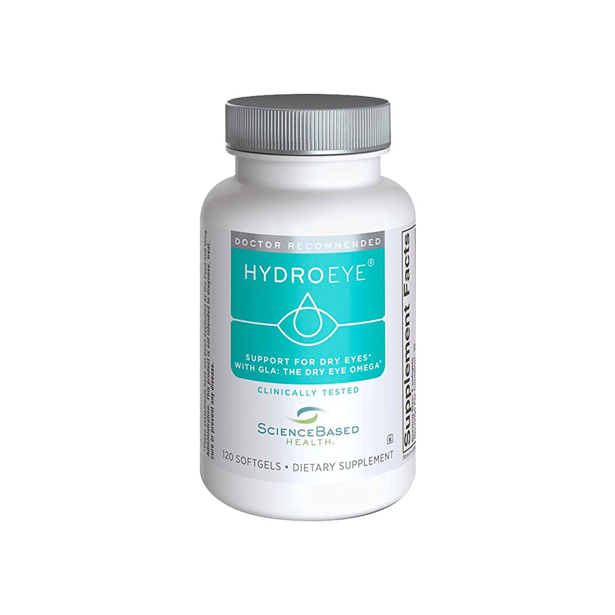 A HydroEye Omega-3 supplement bottle from the DryEye Rescue Moderate Dry Eye Bundle features a teal label reading Support for dry eyes with GLA & the dry eye omega. It includes 120 clinically tested softgels and has a silver cap.