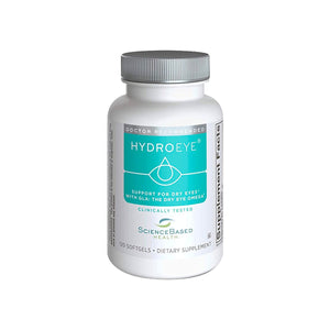 A HydroEye Omega-3 supplement bottle from the DryEye Rescue Moderate Dry Eye Bundle features a teal label reading Support for dry eyes with GLA & the dry eye omega. It includes 120 clinically tested softgels and has a silver cap.