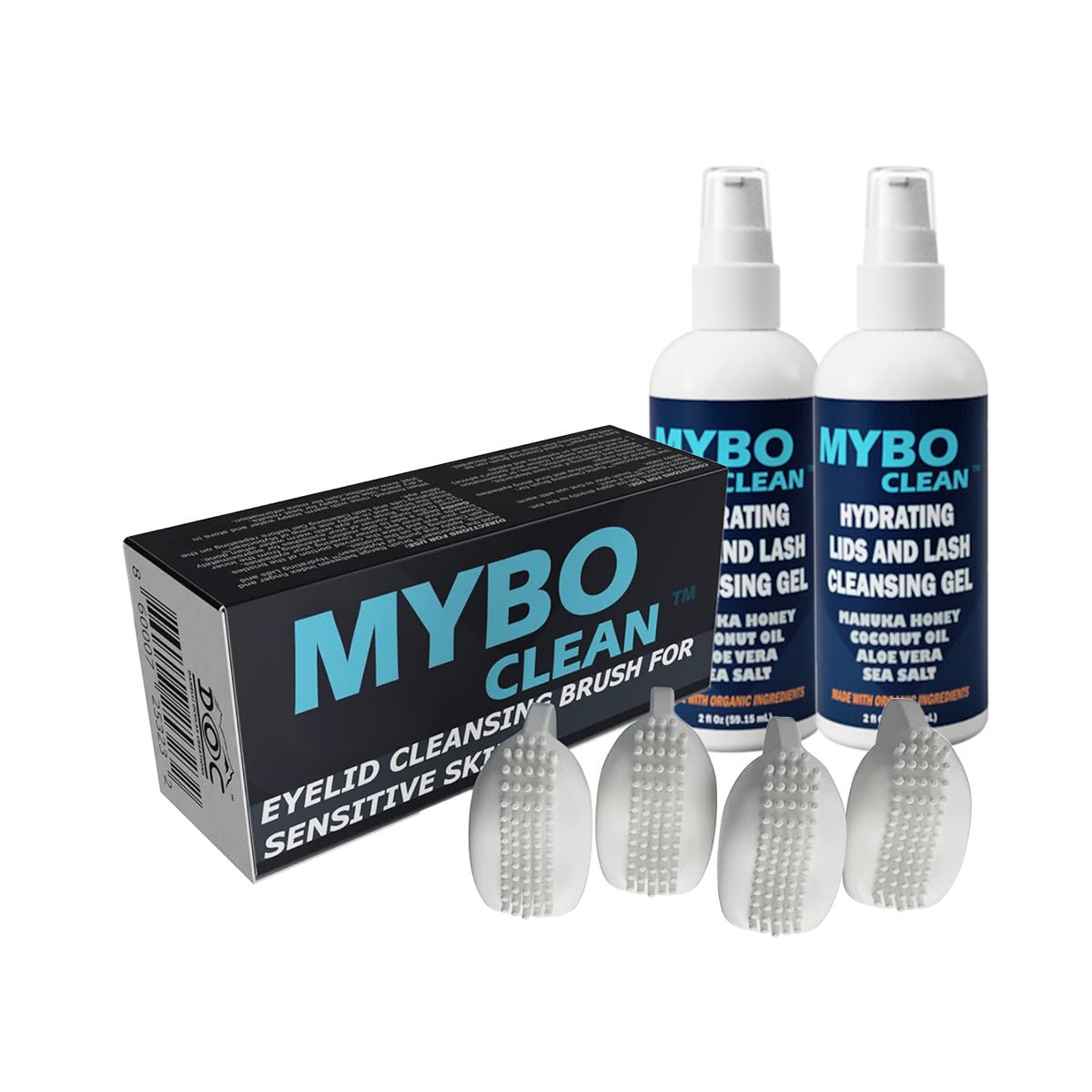 MYBOClean Combo Pack, Year Supply Daily Eyelid Cleansing Brush (4 pc) & Lids and Lash Gel (2 bottles) - Dryeye Rescue