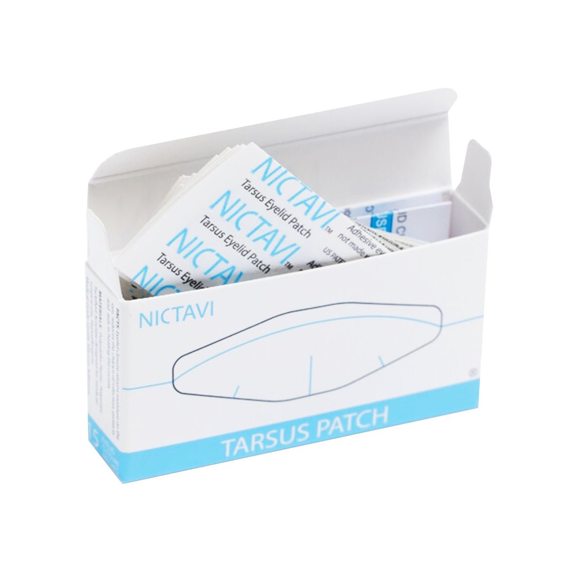 Open the Nictavi Disposable Device box for Nighttime Eyelid Closure (15ct) to reveal individually wrapped patches designed for corneal protection and dry eye relief. The box features blue accents and an eyelid illustration, emphasizing the Nictavi Eyelid Closure benefits.