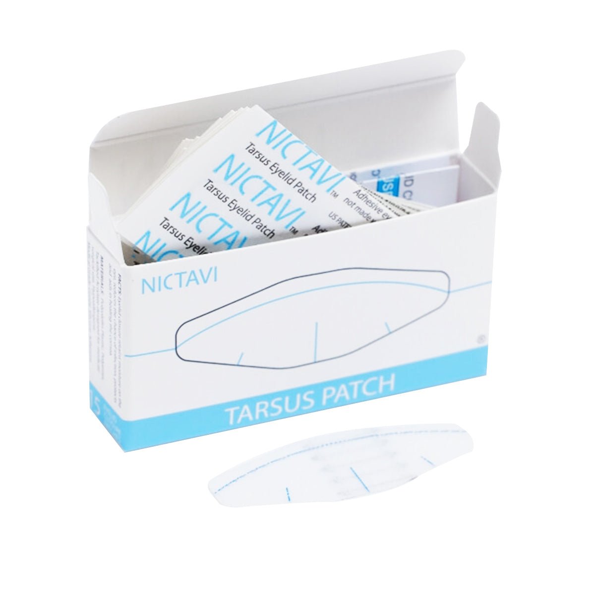 An open box of Nictavi Disposable Device for Nighttime Eye Lid Closure (15ct) displays various individual patches inside, with one prominently in front. The white box features blue text and graphics, promoting its effective dry eye relief benefits through optimal eyelid closure.